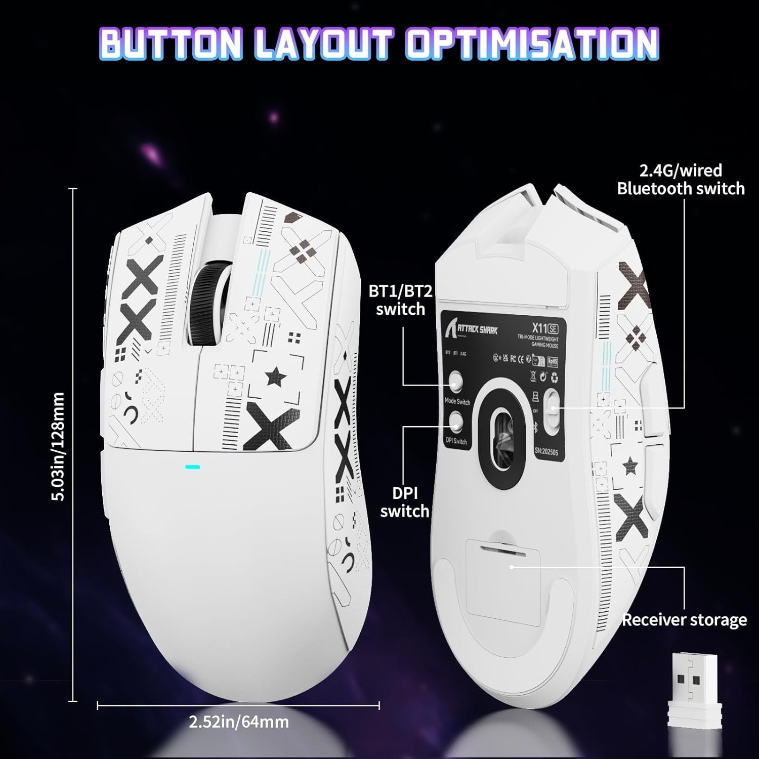RGB Gaming Mouse 22K DPI 63g Tri-Mode 1000Hz White