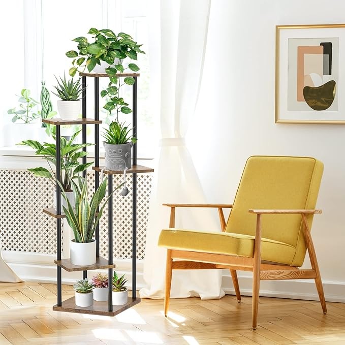 6 Tier Tall Metal Wood Plant Stand Indoor Outdoor Corner Display Rack Black
