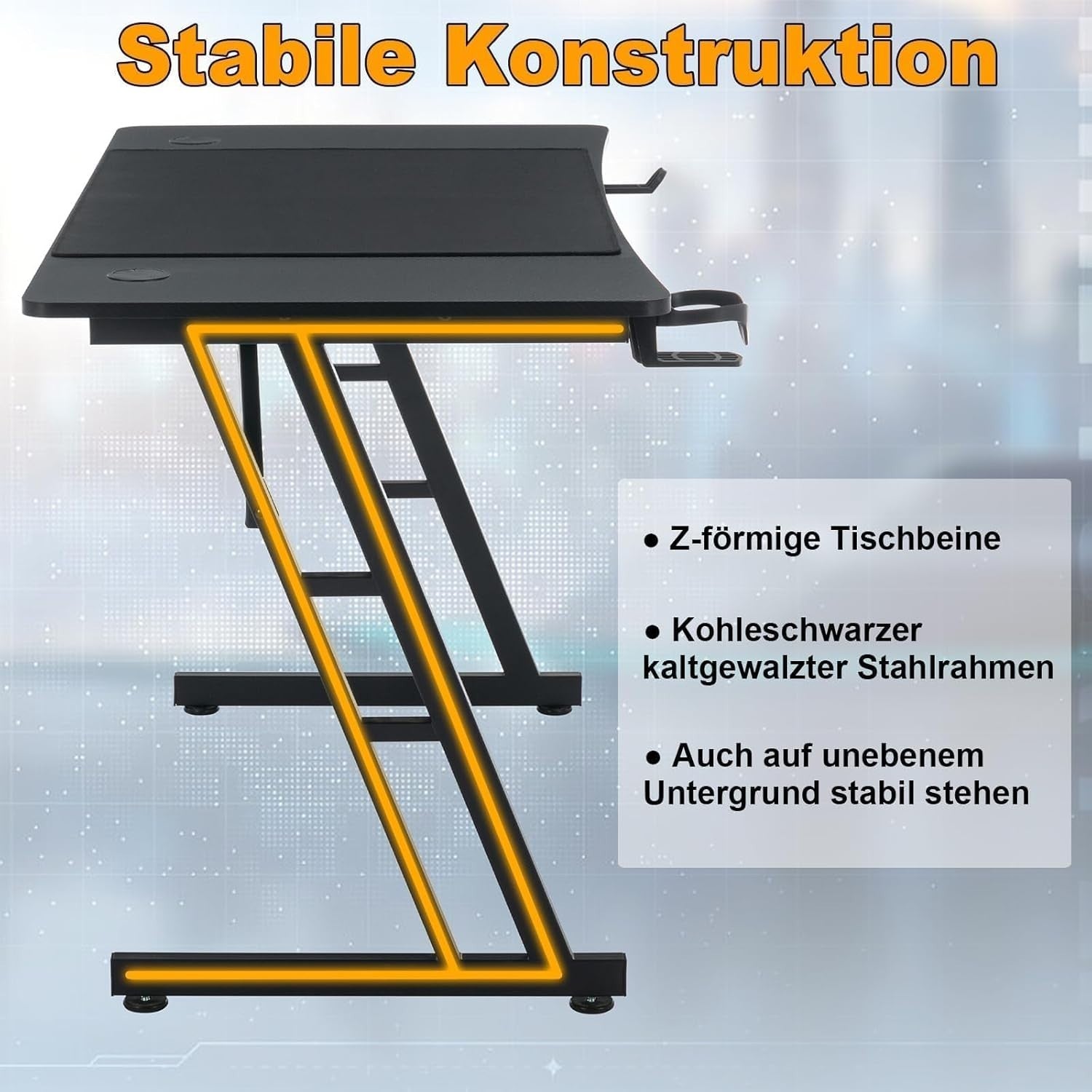 Gaming Desk w/LED, 160×60cm Carbon Fiber Computer Table, Black Z-Frame