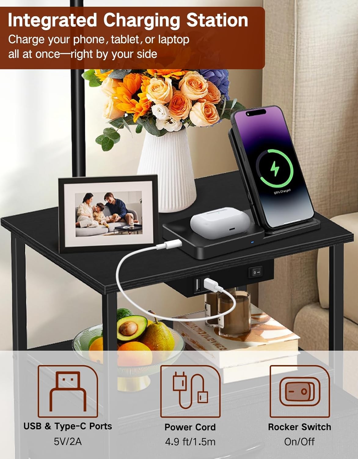 Floor Lamp with Table Drawers Rattan Shade Dimmable LED Charging Station