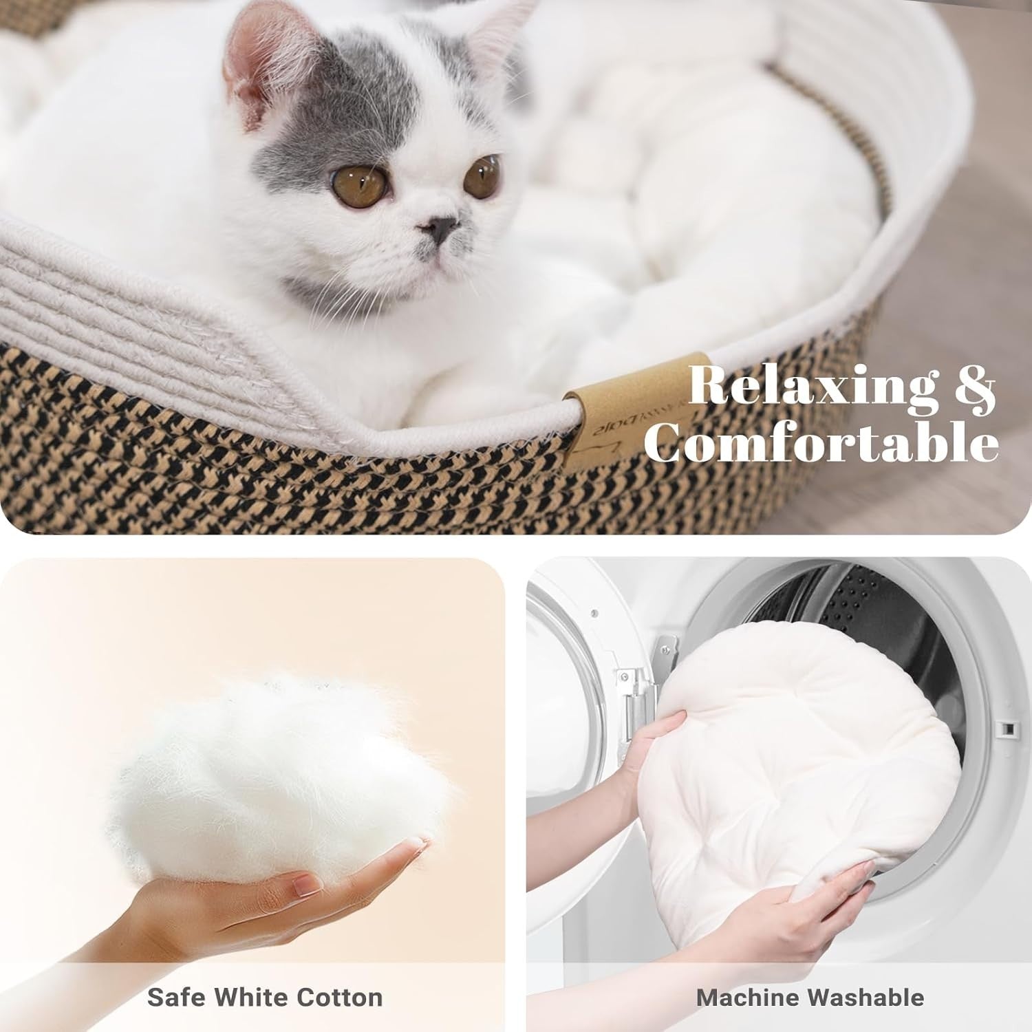 Woven Cotton Rope Cat Basket Bed 47cm Washable Pet Cushion All Season