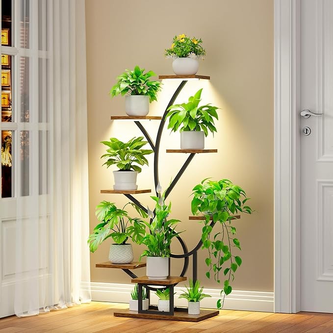 8 Tier Tall Metal Plant Stand with LED Grow Lights Indoor Flower Shelf