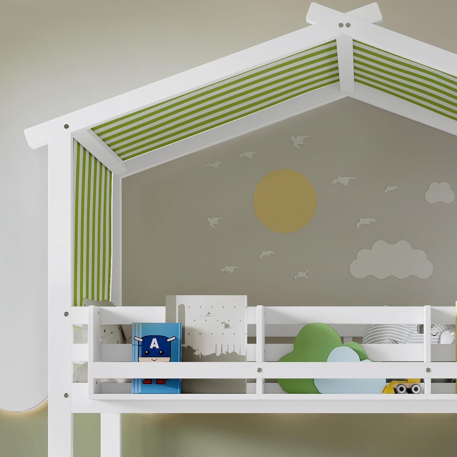 Kids High Sleeper Bunk Bed with Corner Stairs Canopy Bookshelf Storage 90x190