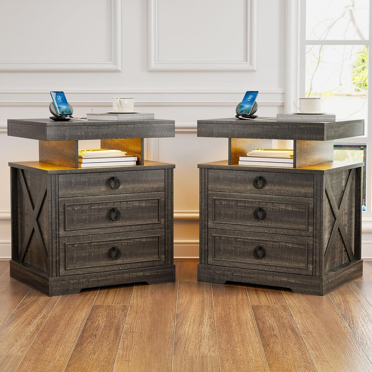 Set of 2 Rustic LED Bedside Tables with USB & Type-C Ports | Hidden Drawer
