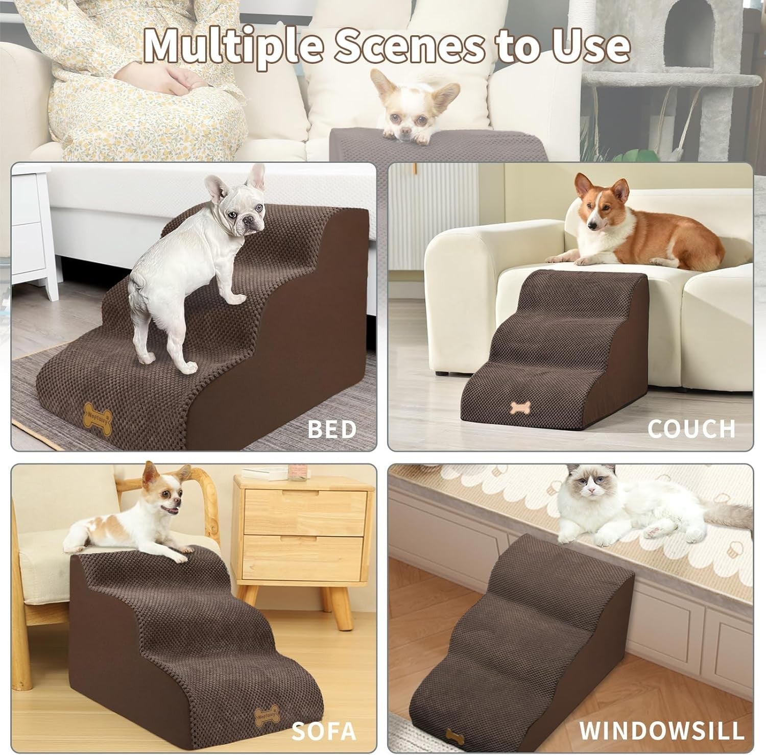 3-Step Dog Stairs Non-Slip Pet Ramp Small Dogs Cats Brown