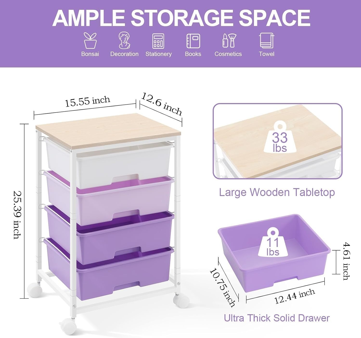 4 Drawer Rolling Storage Cart Mobile Organizer Utility Trolley Purple