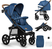 All Terrain Pushchair Newborn–4Y 22kg Foldable Stroller XXL Hood Blue