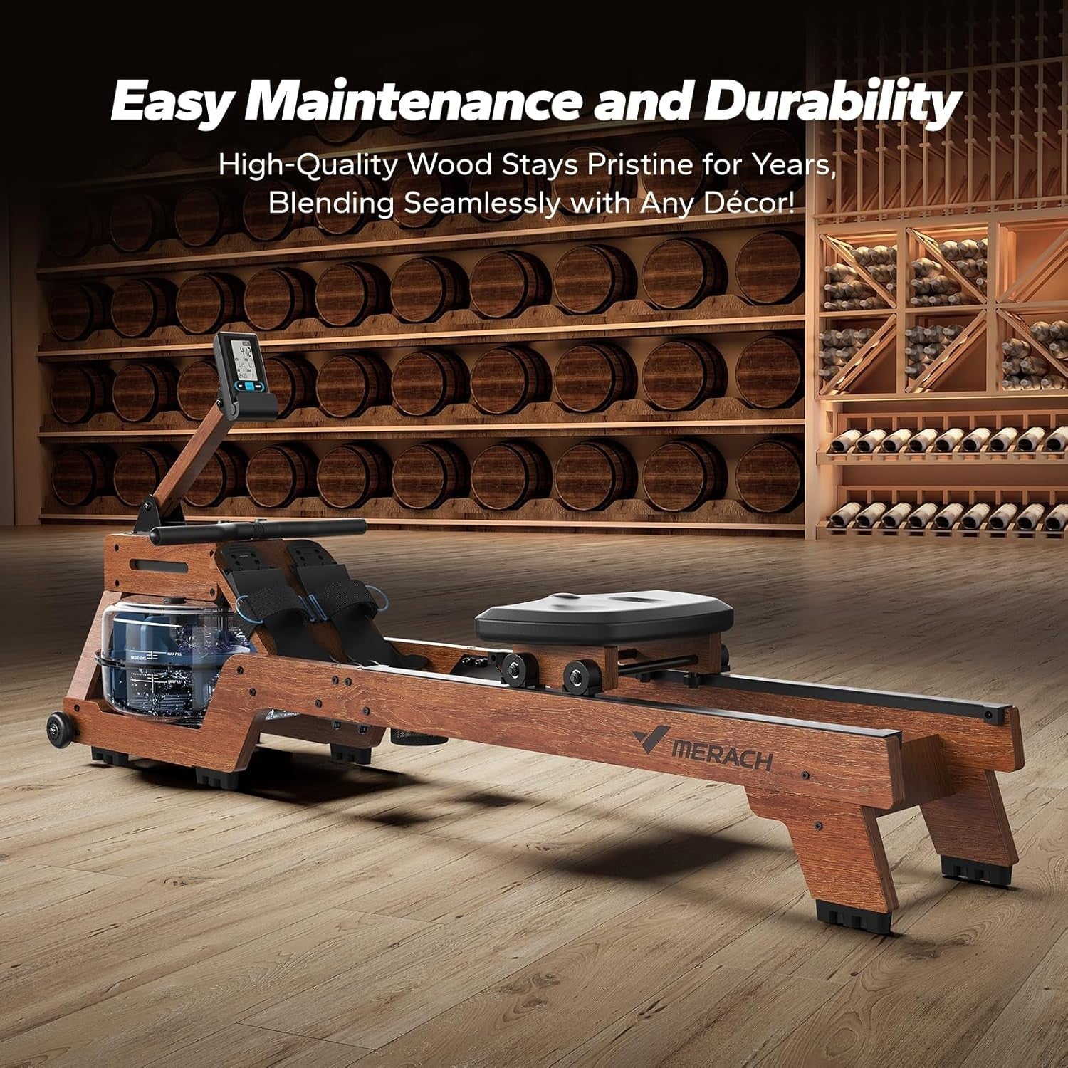 Wood Water Rowing Machine 6-Level Resistance 22L Tank Quiet App Compatible Home