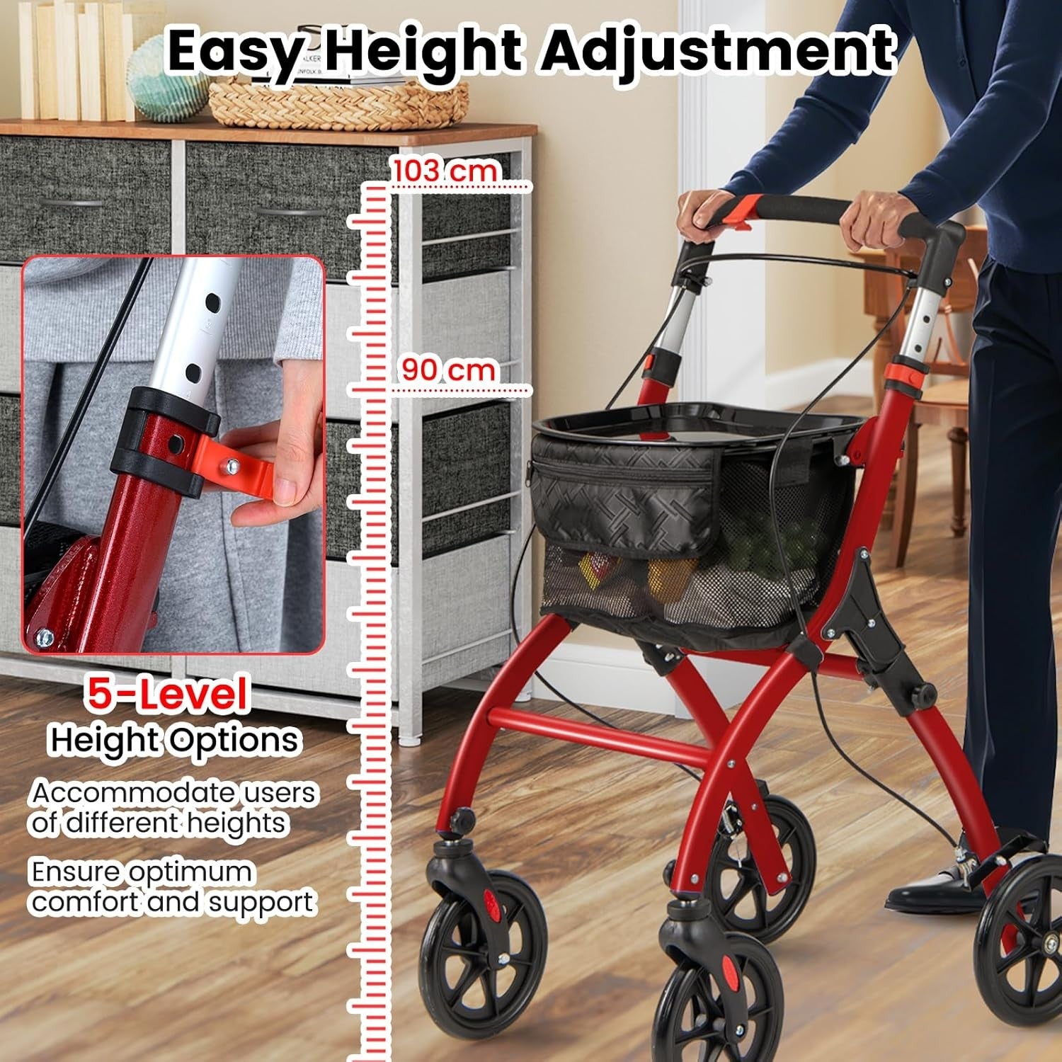 4 Wheel Rollator Walker Lightweight Folding Walking Brakes Tray