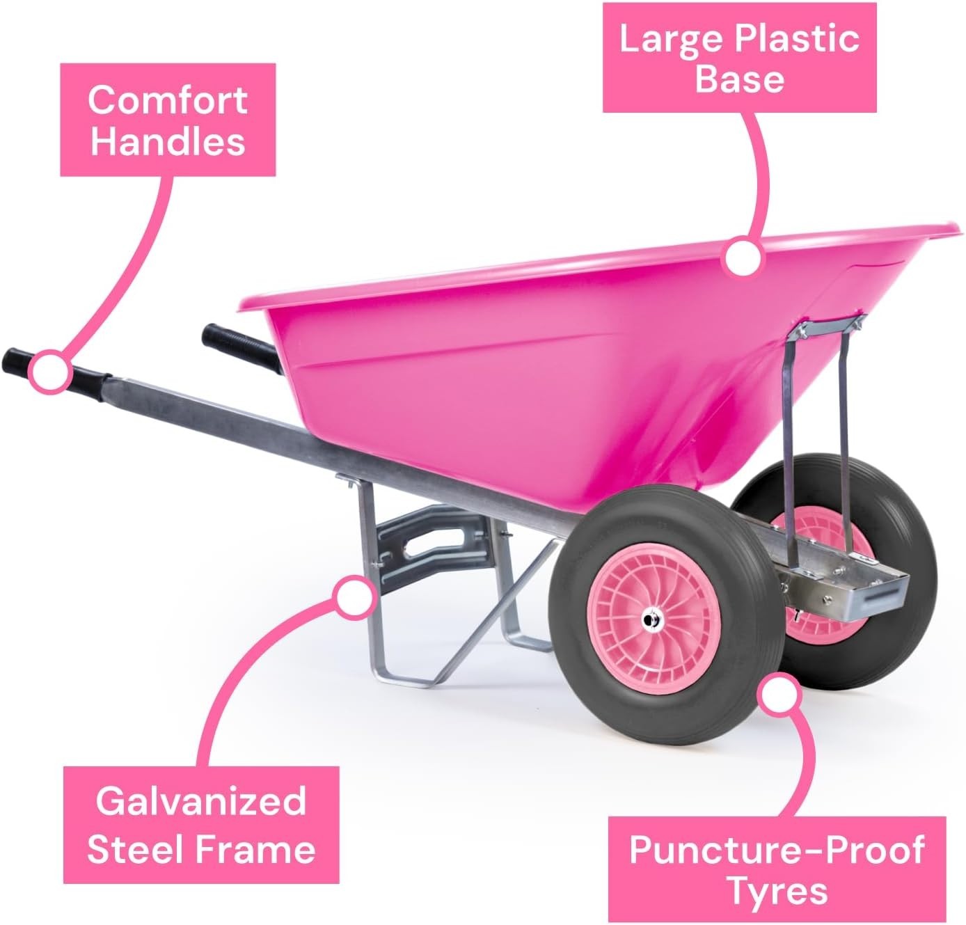 160L 2-Wheel Garden Wheelbarrow – Pink – Flat-Free Tyres Heavy Duty 130kg