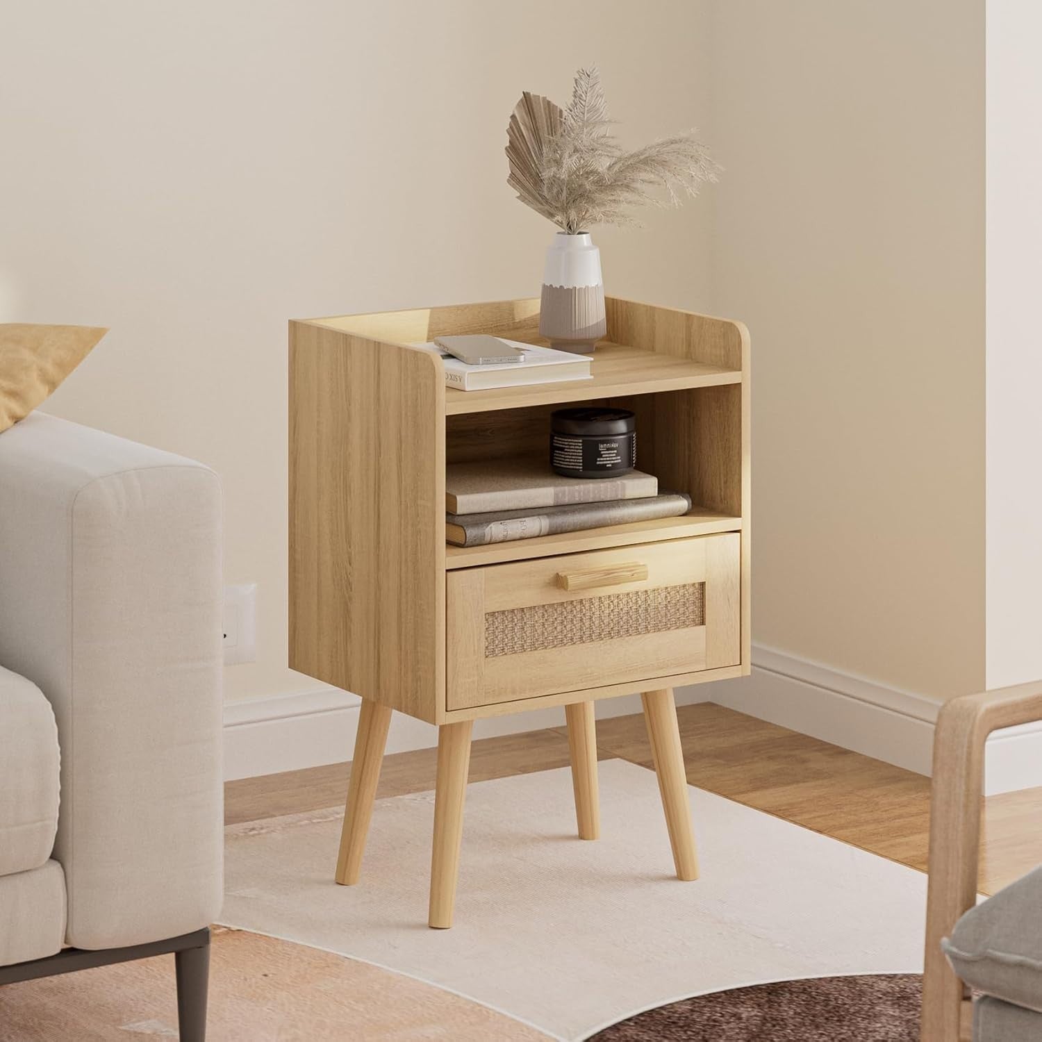 Rattan Bedside Table with Drawer & Shelf – Natural Wood Accent Nightstand