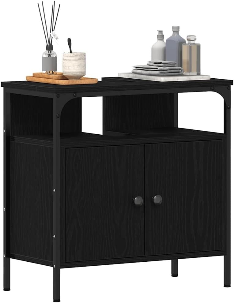 Black Oak Bathroom Sink Cabinet | 60x30x60cm Modern Storage Unit with Shelves
