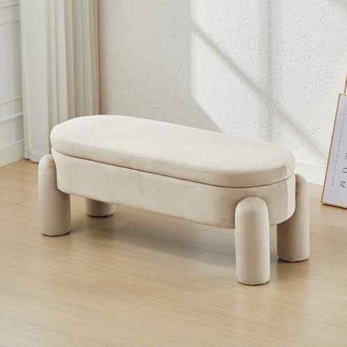 Luxury Khaki Velvet Storage Ottoman Bench with Spacious Seat & Soft Cushion