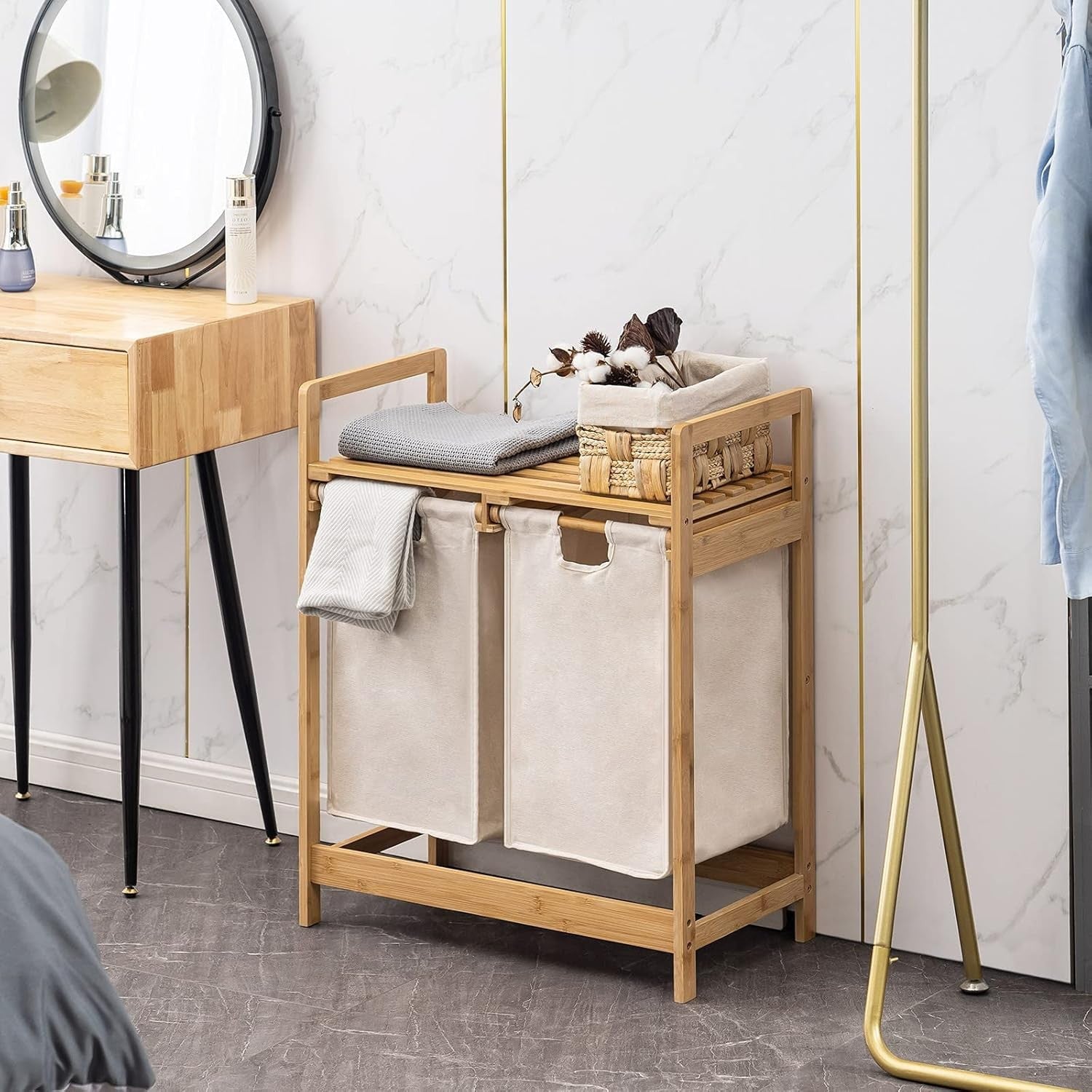 Bamboo Laundry Hamper with 2 Pull-Out Bags & Shelf Dual Laundry Sorter 73x64cm