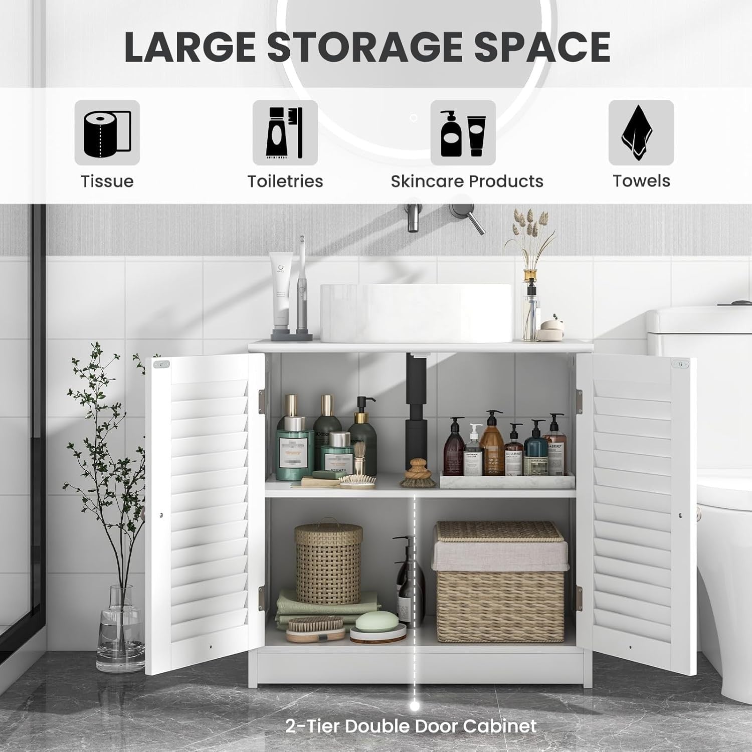 White Under Sink Bathroom Cabinet – 2 Shutter Doors Storage Unit 60x30x60cm