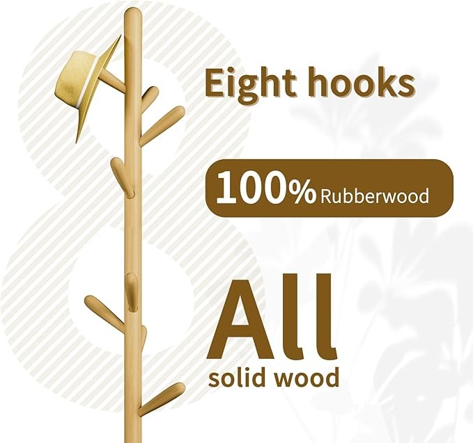 Natural Wood Coat Rack 8 Hooks Round Base Freestanding Hall Tree Stand