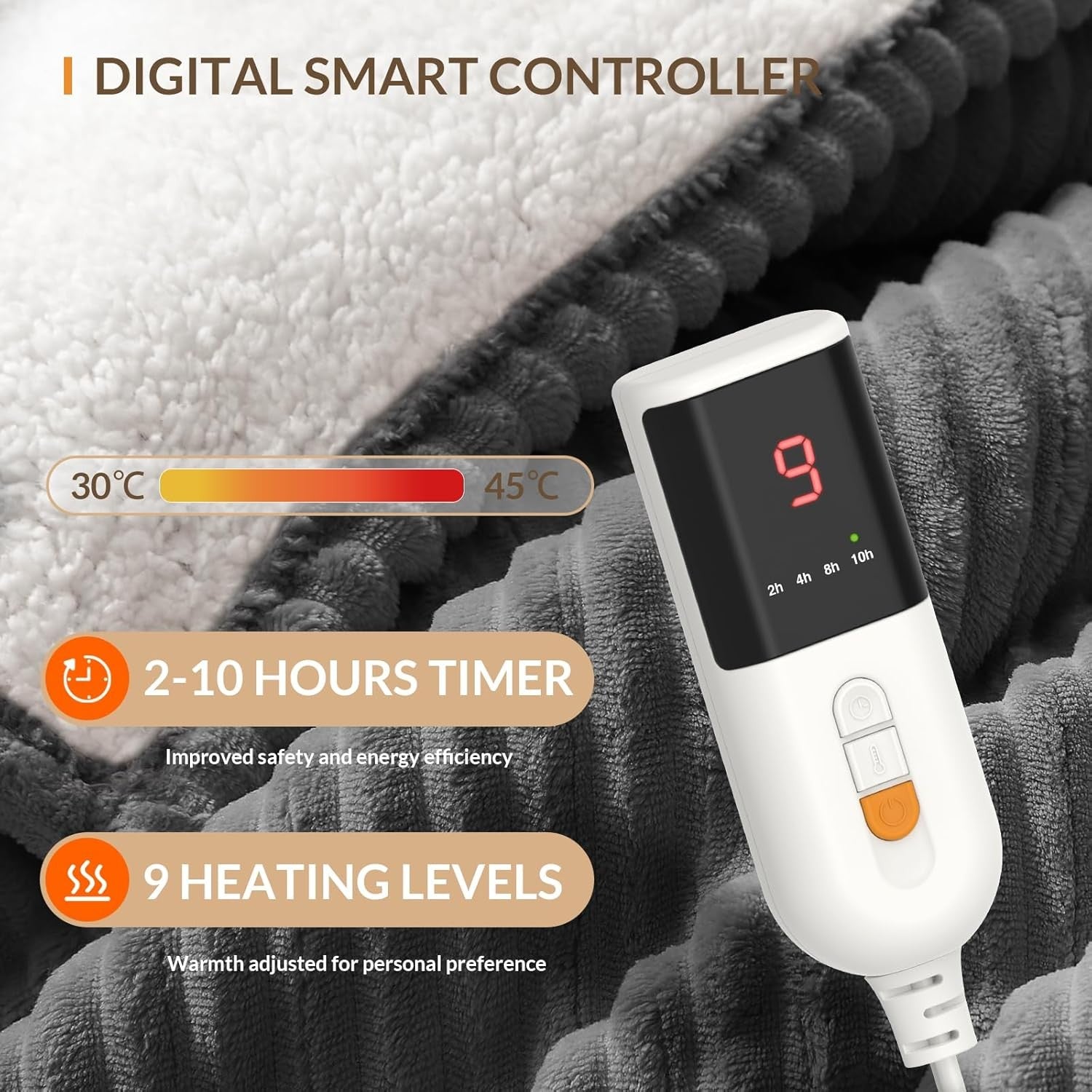 Electric Heated Throw Blanket 160x130cm Soft Flannel Sherpa 9 Heat Levels