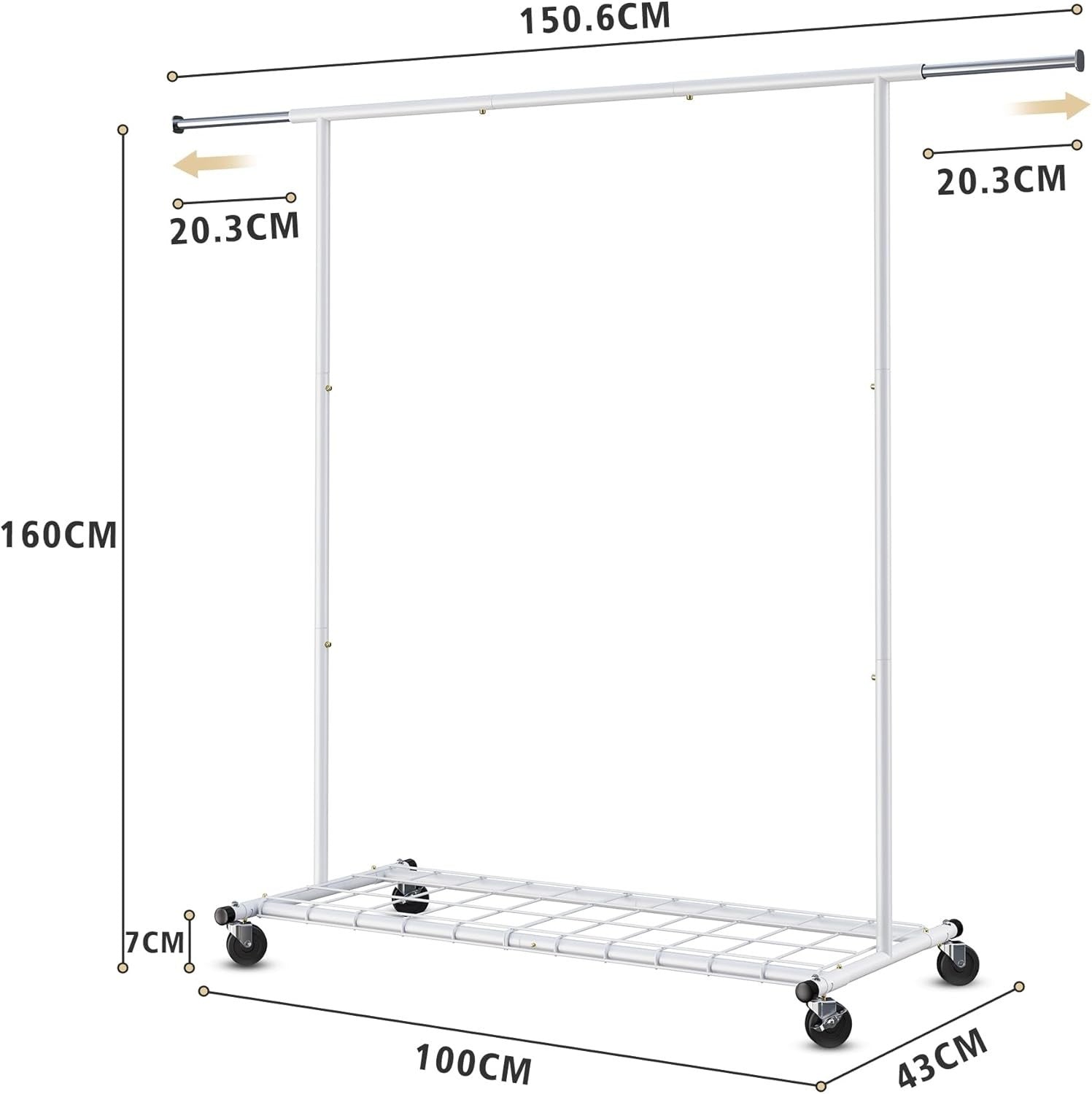 Heavy Duty White Clothes Rail 160cm Extendable Rack on Wheels