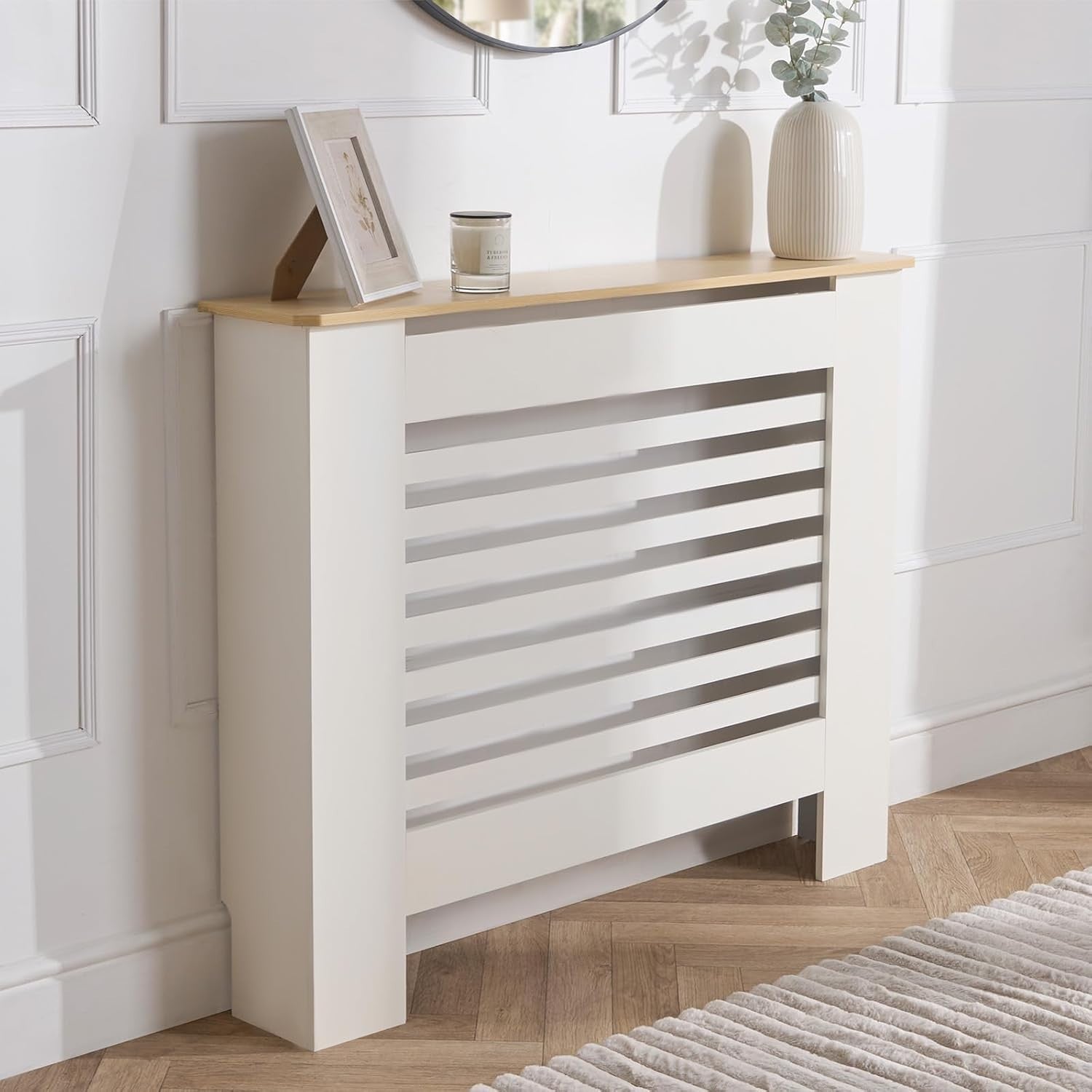 Small Cream Radiator Cover with Oak Top 78x19x82cm – Modern MDF Slatted Cabinet