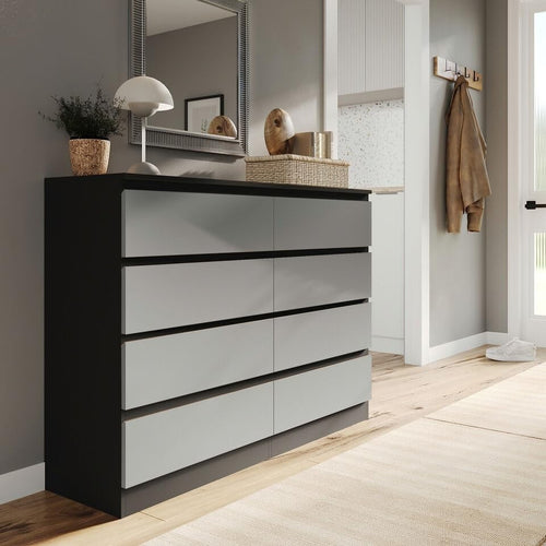 Modern 8 Drawer Chest Black Grey Storage Cabinet for Bedroom Office