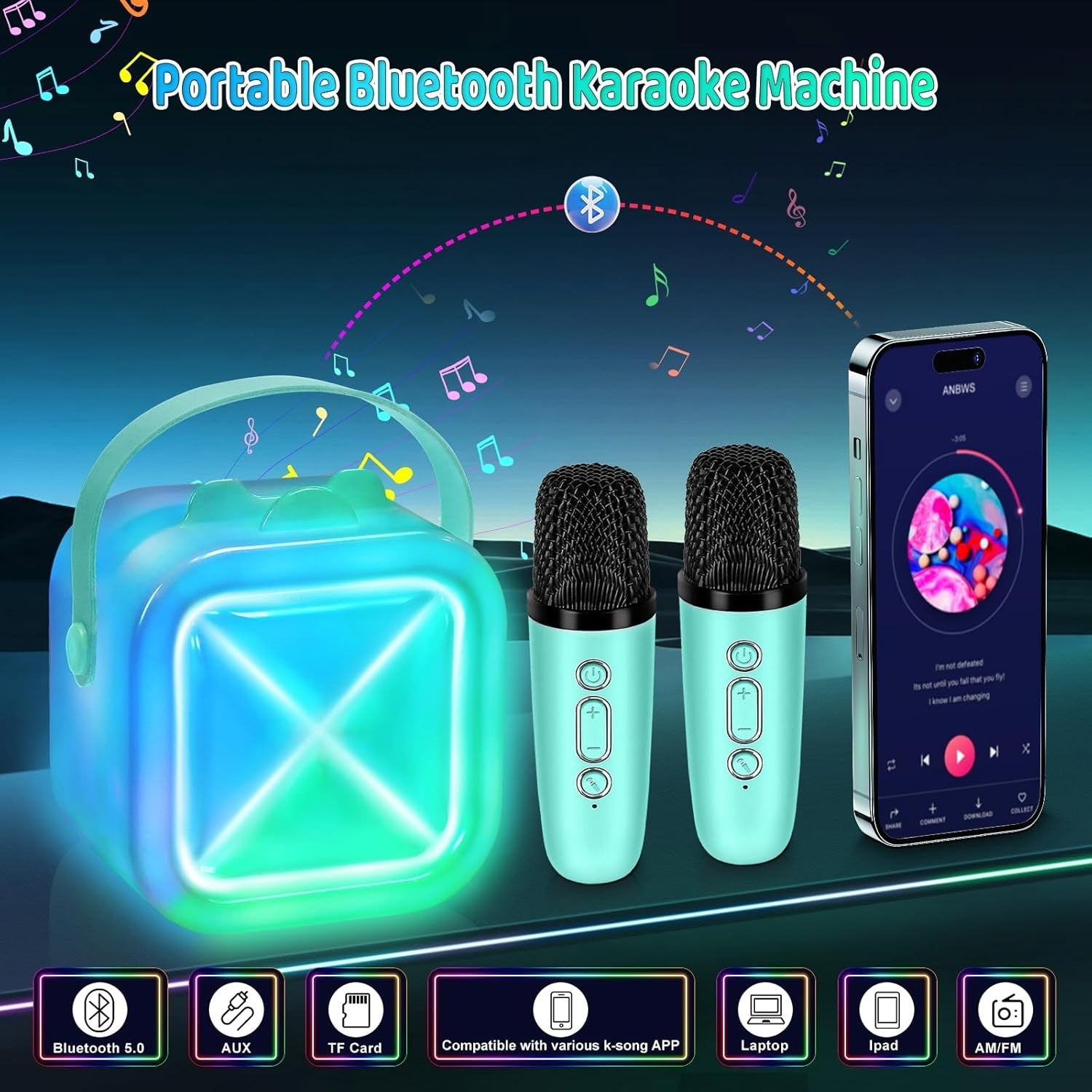 Light Blue Kids Karaoke Machine with 2 Mics Bluetooth LED Speaker