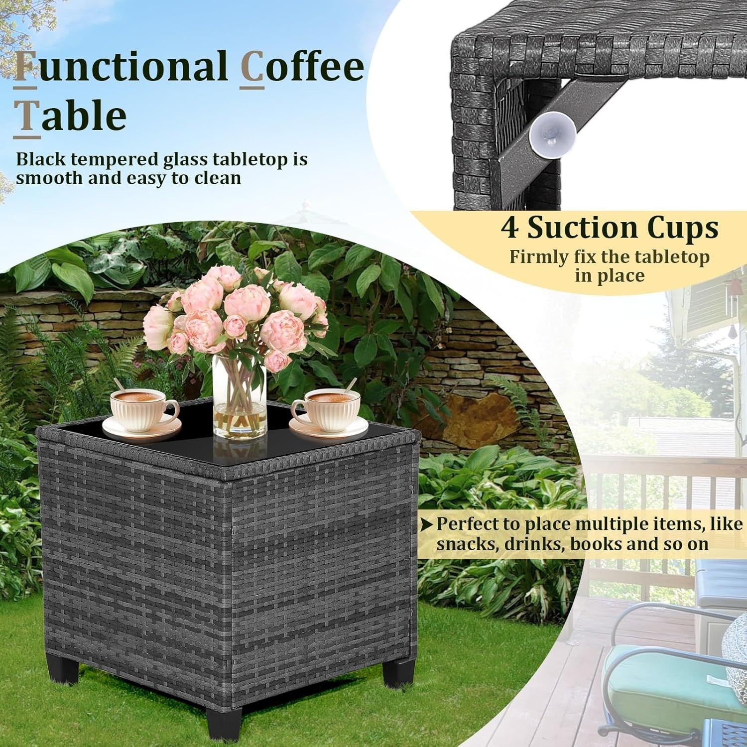 3PC Rattan Garden Bistro Set White Chairs Cushions Table Outdoor Furniture