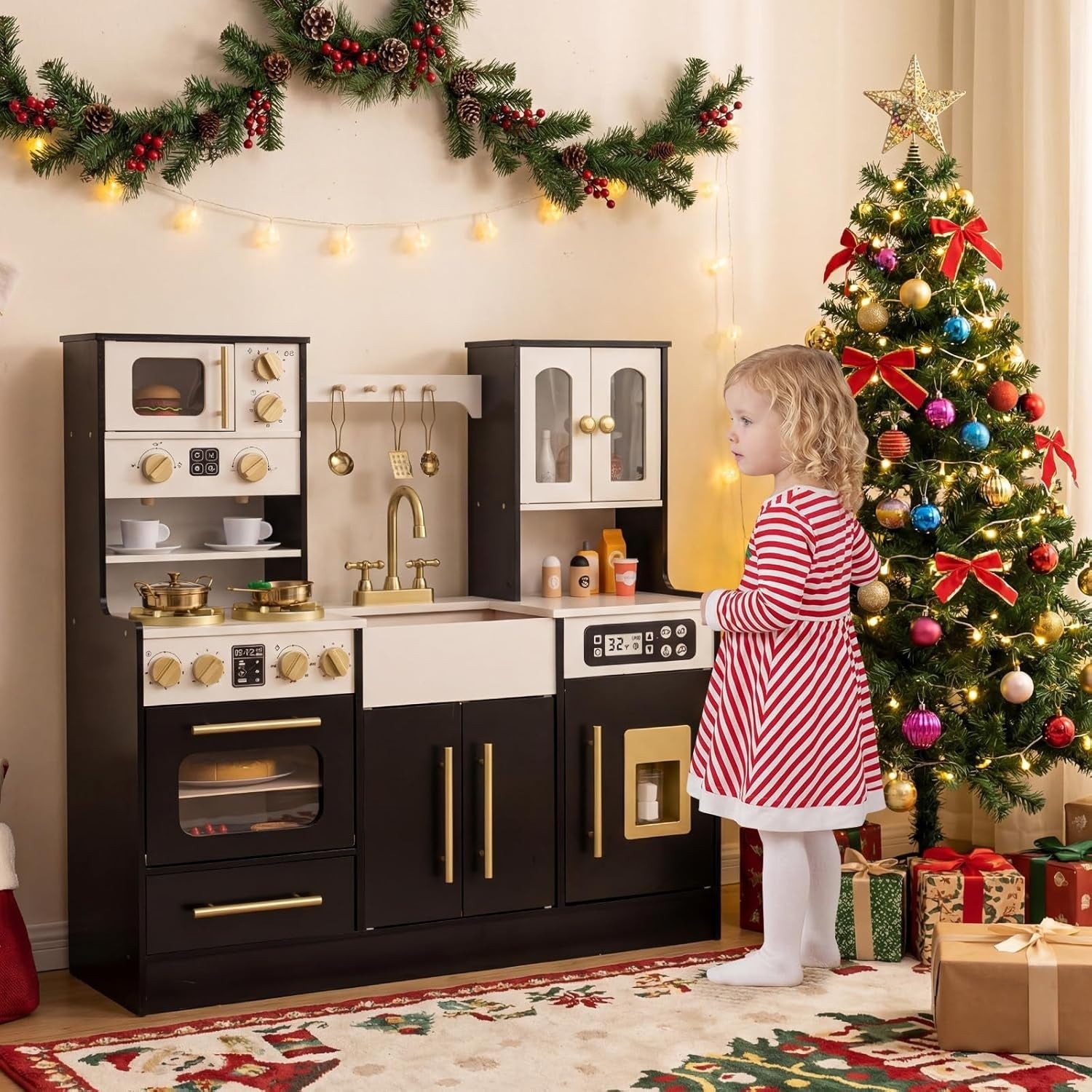 Luxury Kids Wooden Play Kitchen Lights Sounds Ice Maker Black Set