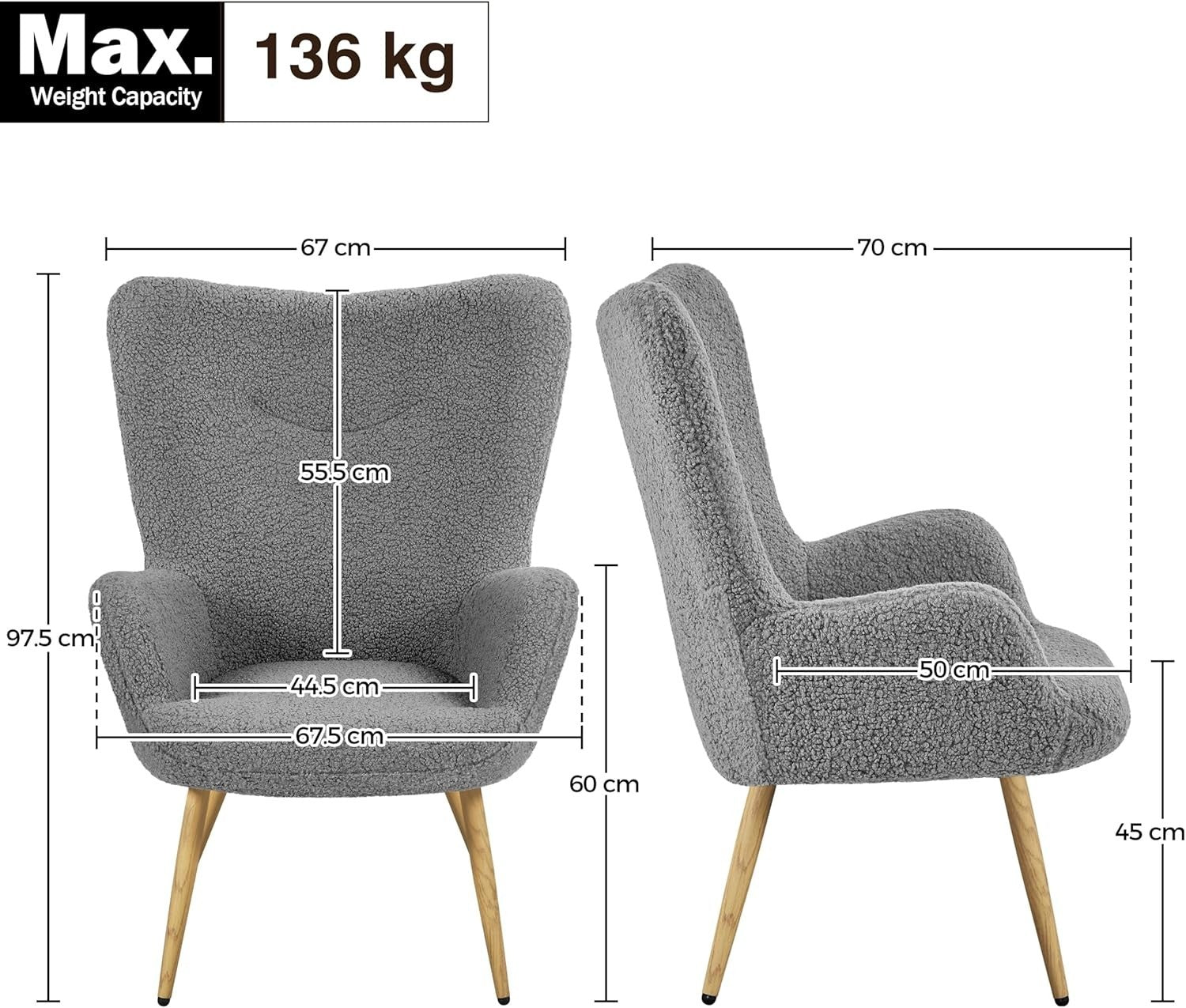 Cozy Sherpa Fuzzy Tub Chair with Folding Backrest & Wooden Legs, Grey