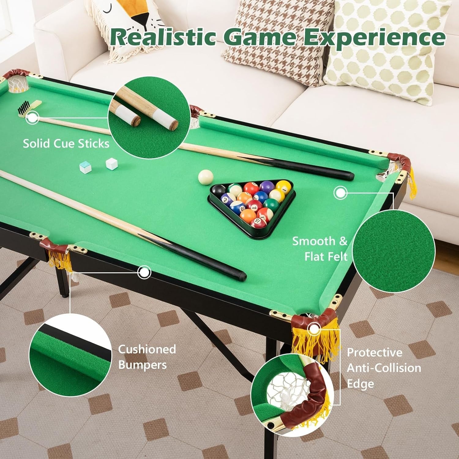 4FT Folding Pool Snooker Table Set Portable Billiards w Cues Balls