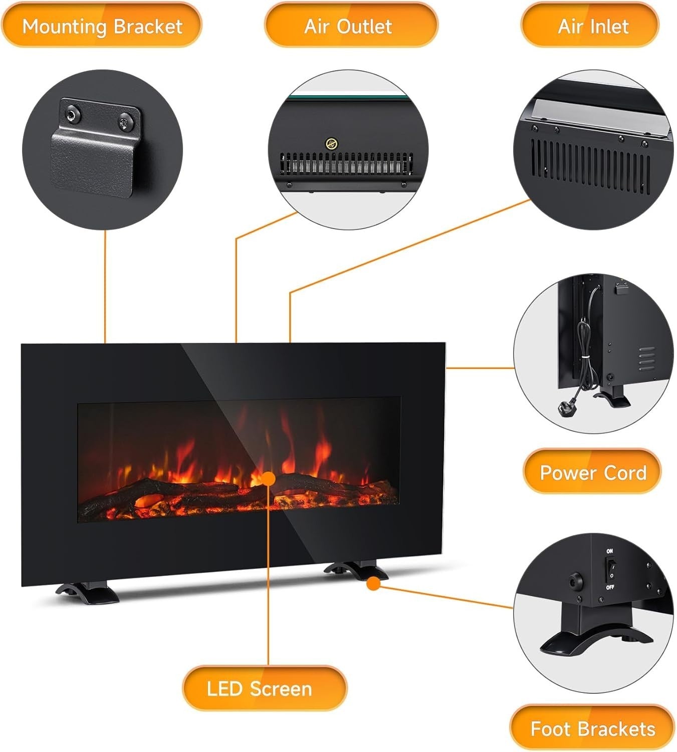 85cm Flat Electric Fireplace Freestanding Log Flame Heater w/ Remote