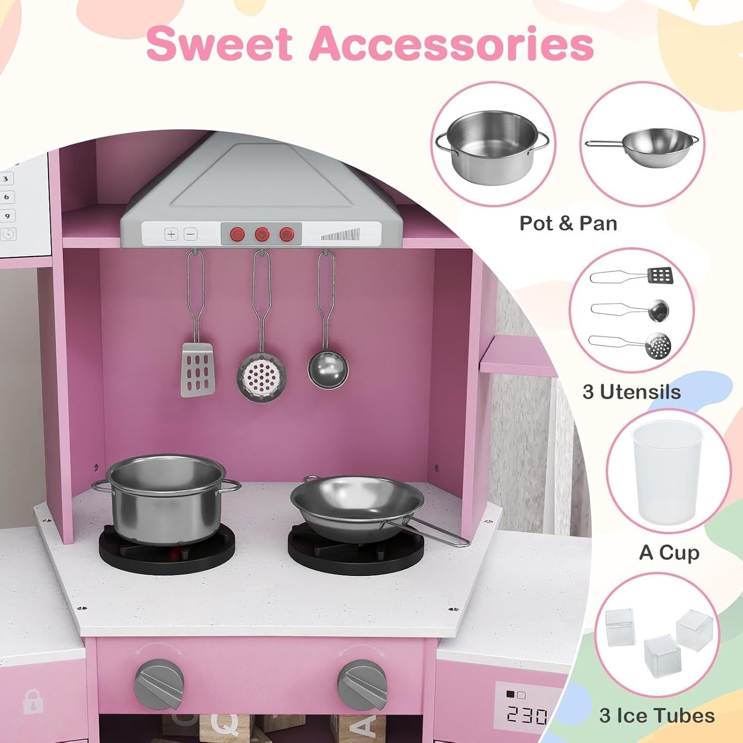 Pink Corner Kids Play Kitchen Lights Sounds Ice Maker Toy