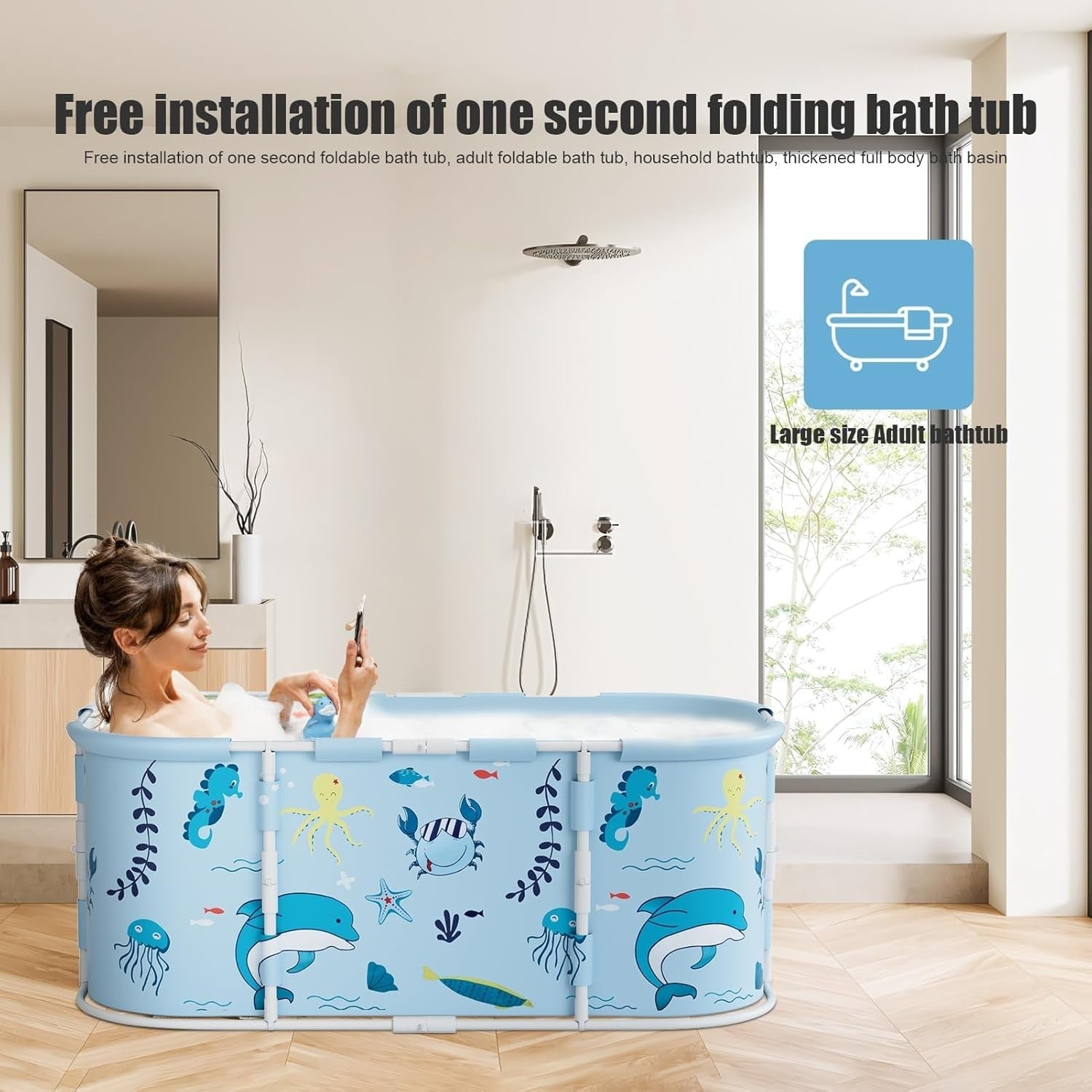 Portable Foldable Adult Bathtub 45" Blue | Family SPA Soaking Tub Plastic Frame