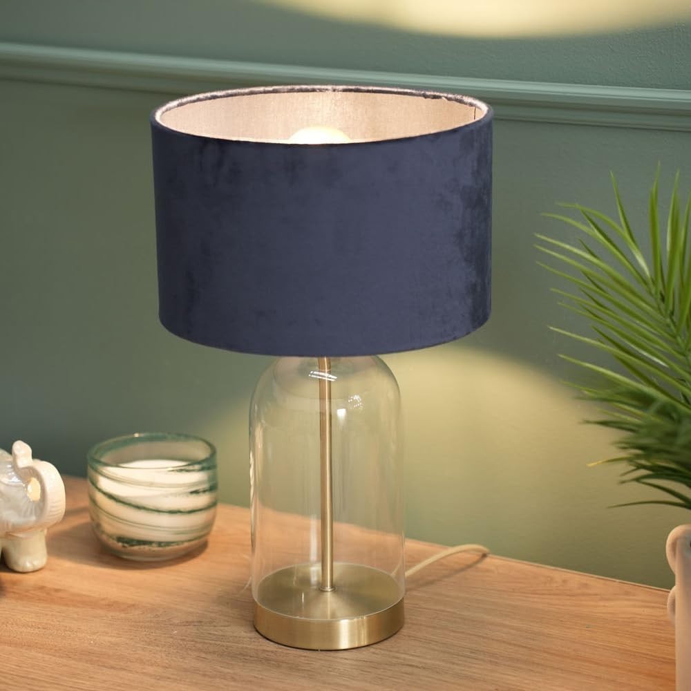 Gold Glass Table Lamp Navy Velvet Shade Bedside Desk Modern Lighting