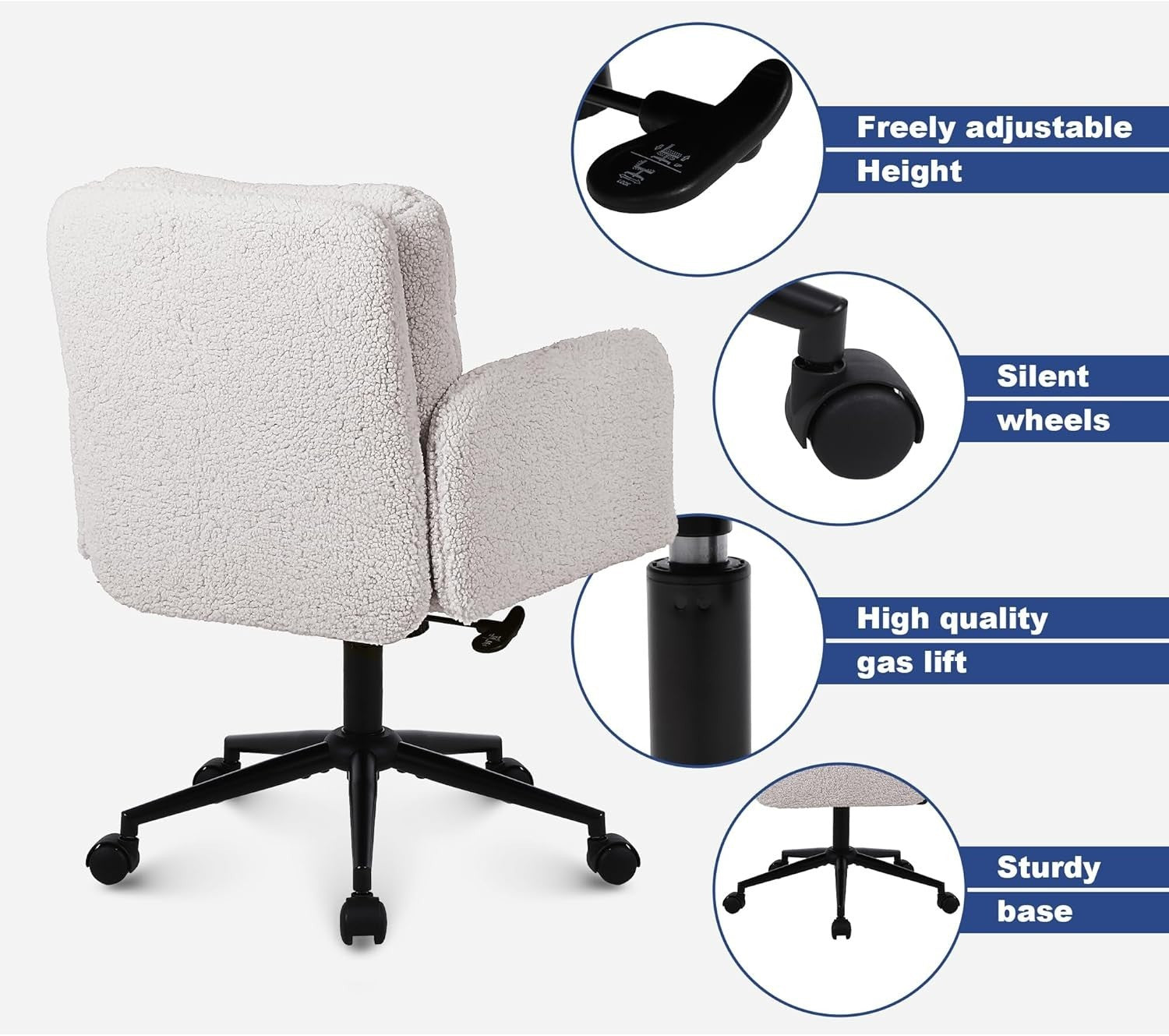 Ergonomic Office Desk Chair Swivel Cream Faux Fur Adjustable Height Tilt Lock