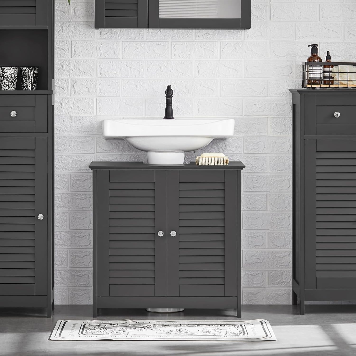 Dark Grey Under Sink Bathroom Cabinet with Shutter Doors & Adjustable Shelf