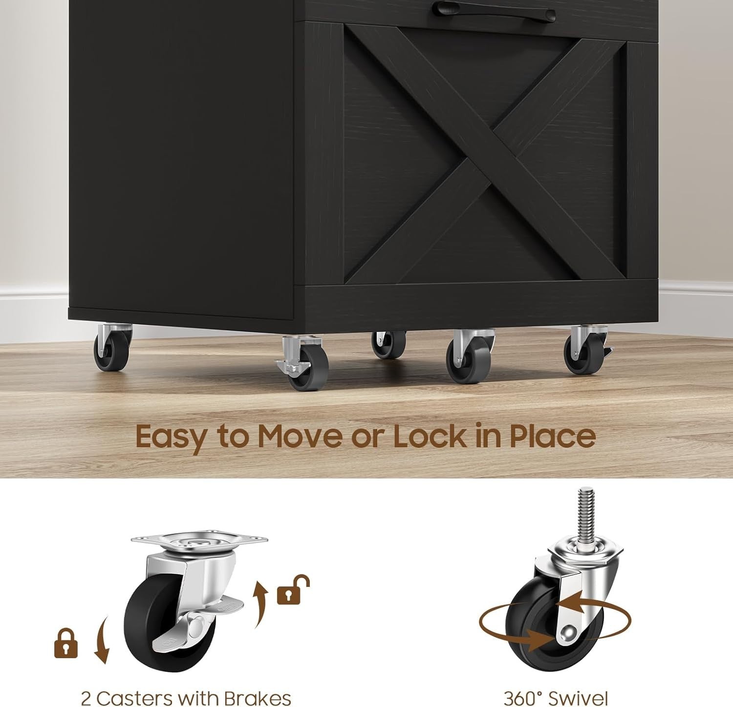Black Farmhouse Rolling File Cabinet 2 Drawer A4 Letter Under Desk
