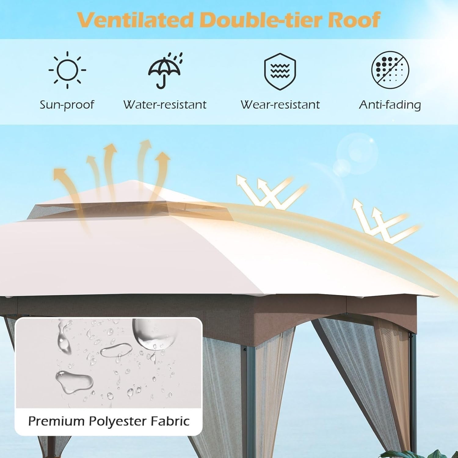 3x3M Garden Gazebo Double Roof Patio Tent With Netting & Sandbags Khaki