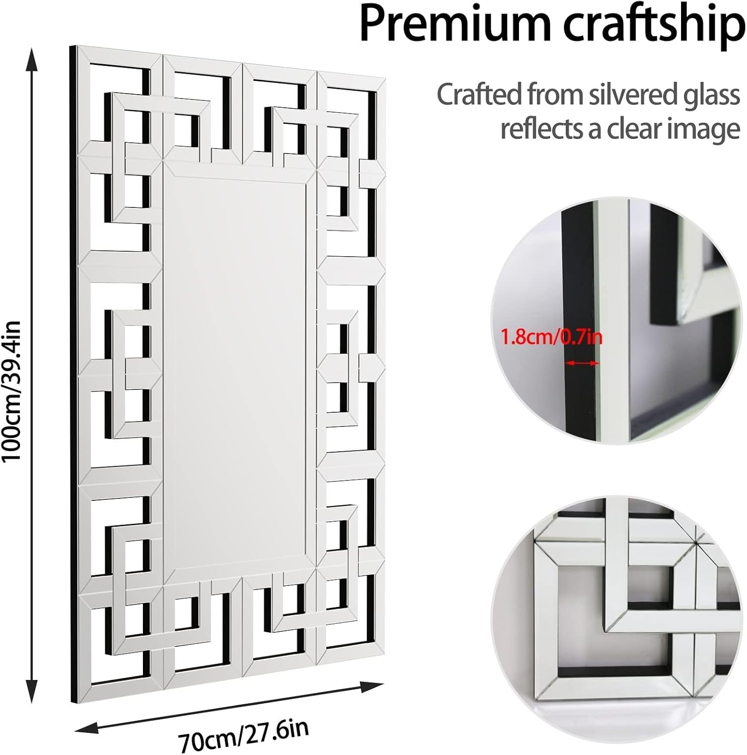 Large Silver Wall Mirror 100x70cm Beveled Glass Luxury Decor Vanity