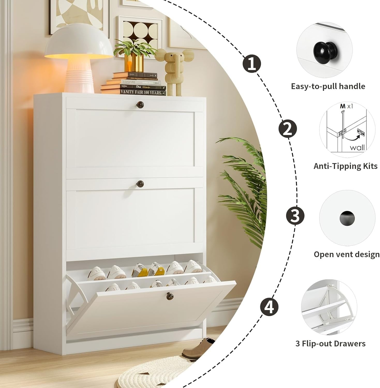 Slim 3-Drawer Shoe Cabinet with Adjustable Shelves & Anti-Tip Safety