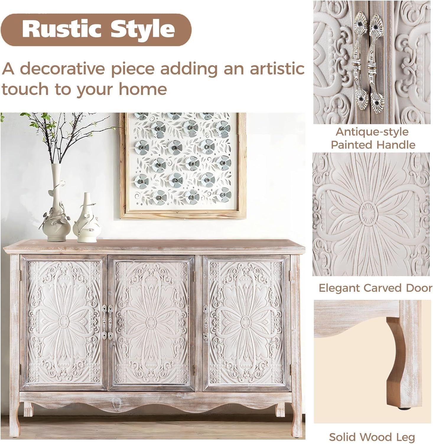 French Country Buffet Cabinet with 3 Doors Large Storage Grey Style Wood