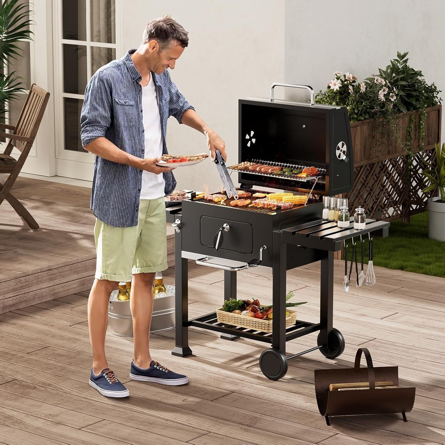 XXXL Charcoal BBQ Smoker Grill with 2 Folding Tables, Thermometer