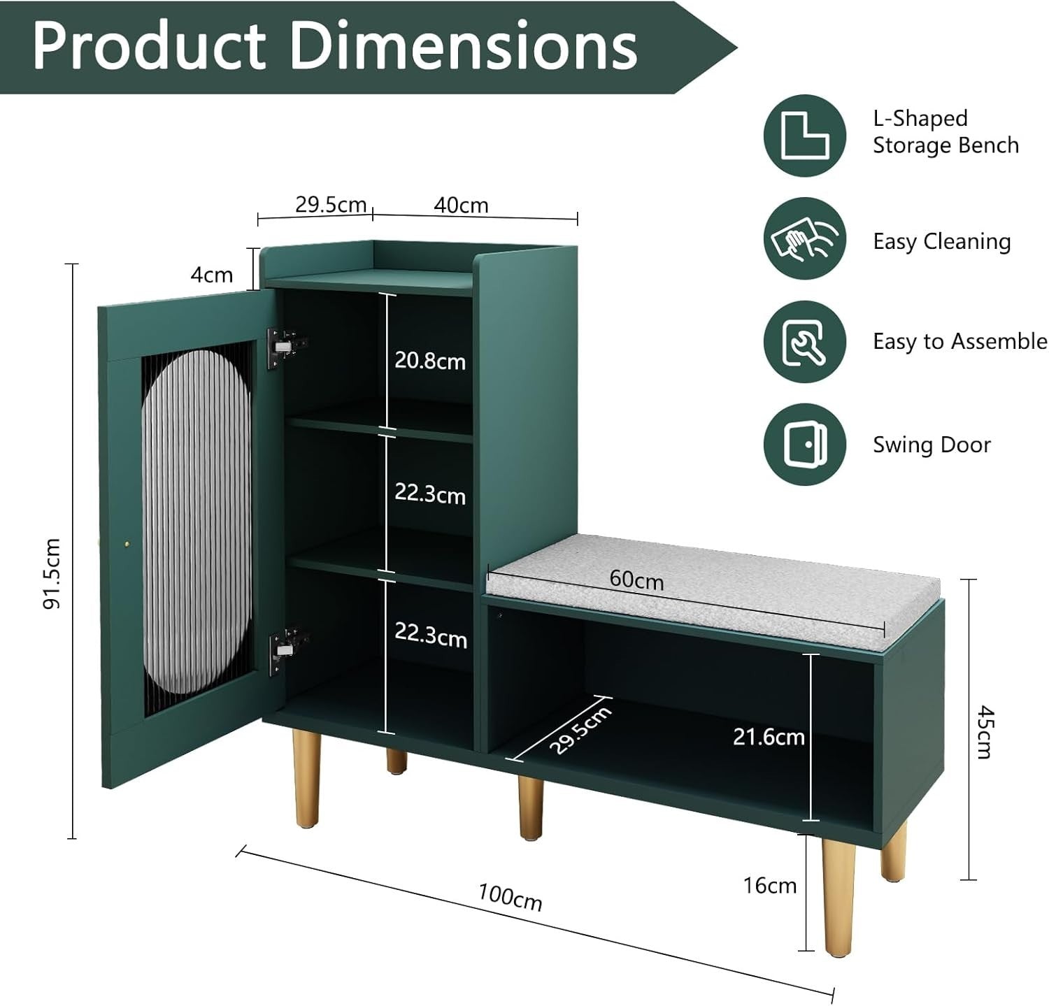 L-Shaped Shoe Storage Bench with Cushion Glass Doors 100×30×92 cm Green