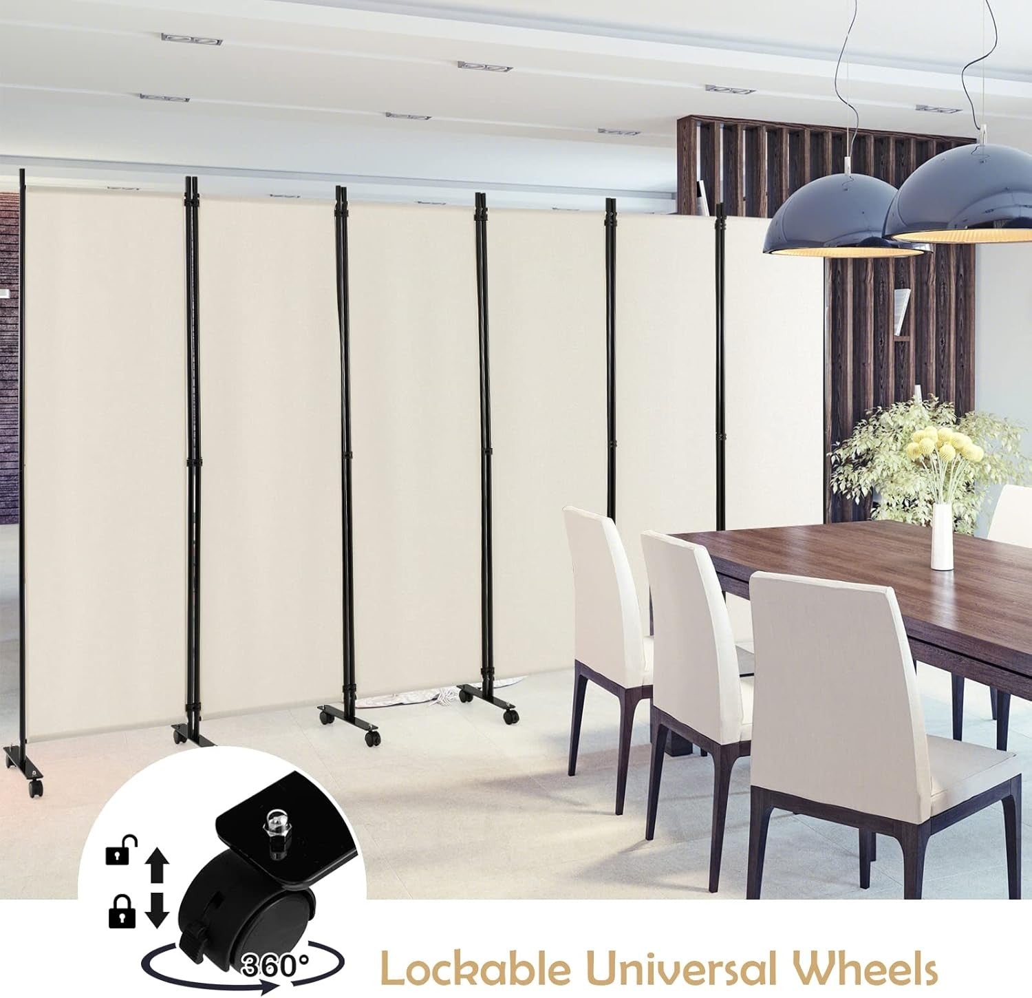 6 Panel White Folding Room Divider Privacy Screen with Wheels for Home Office