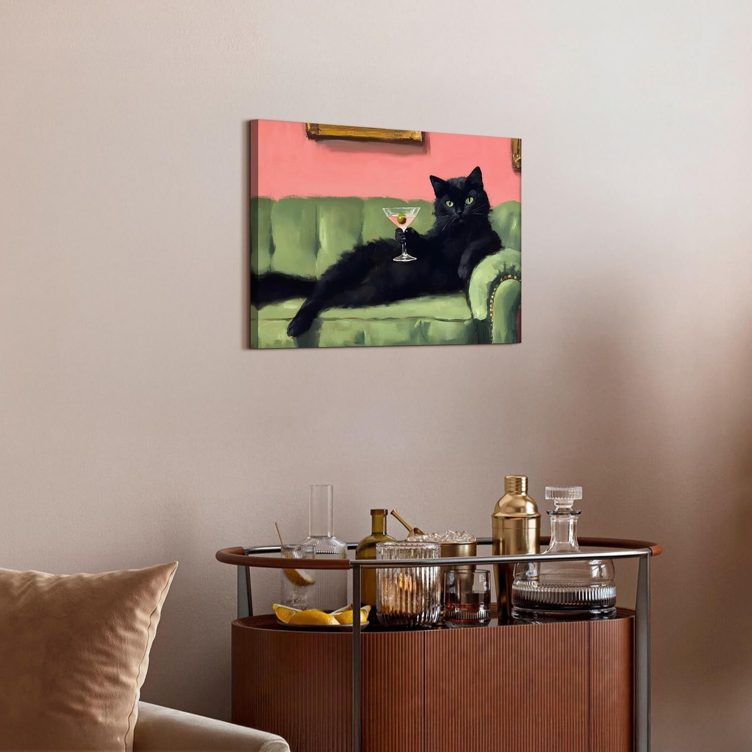 Funny Black Cat Wall Art 12x16in Framed Martini Home Decor Print