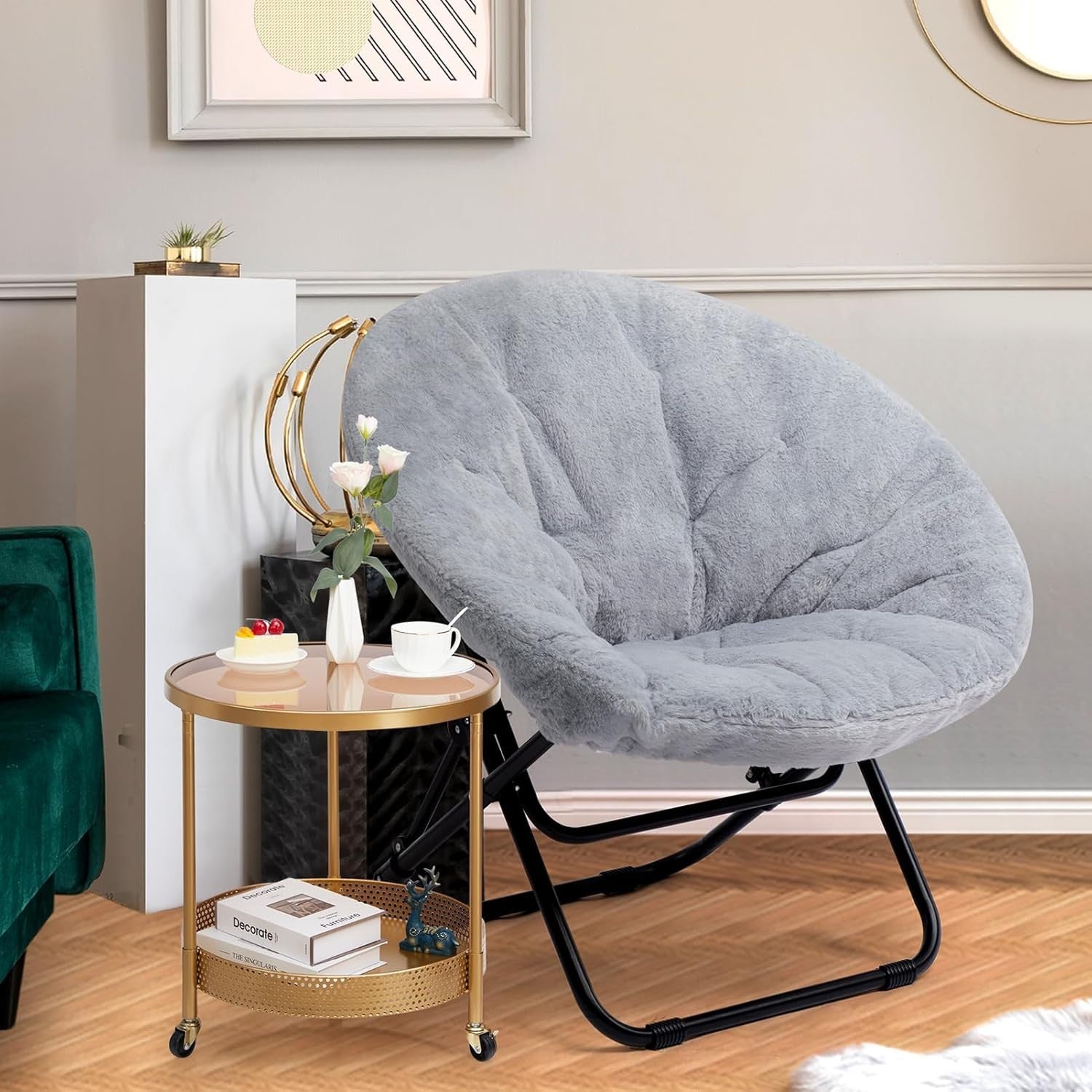 Plush Folding Saucer Chair - Portable Round Armchair for Living Room & Bedroom