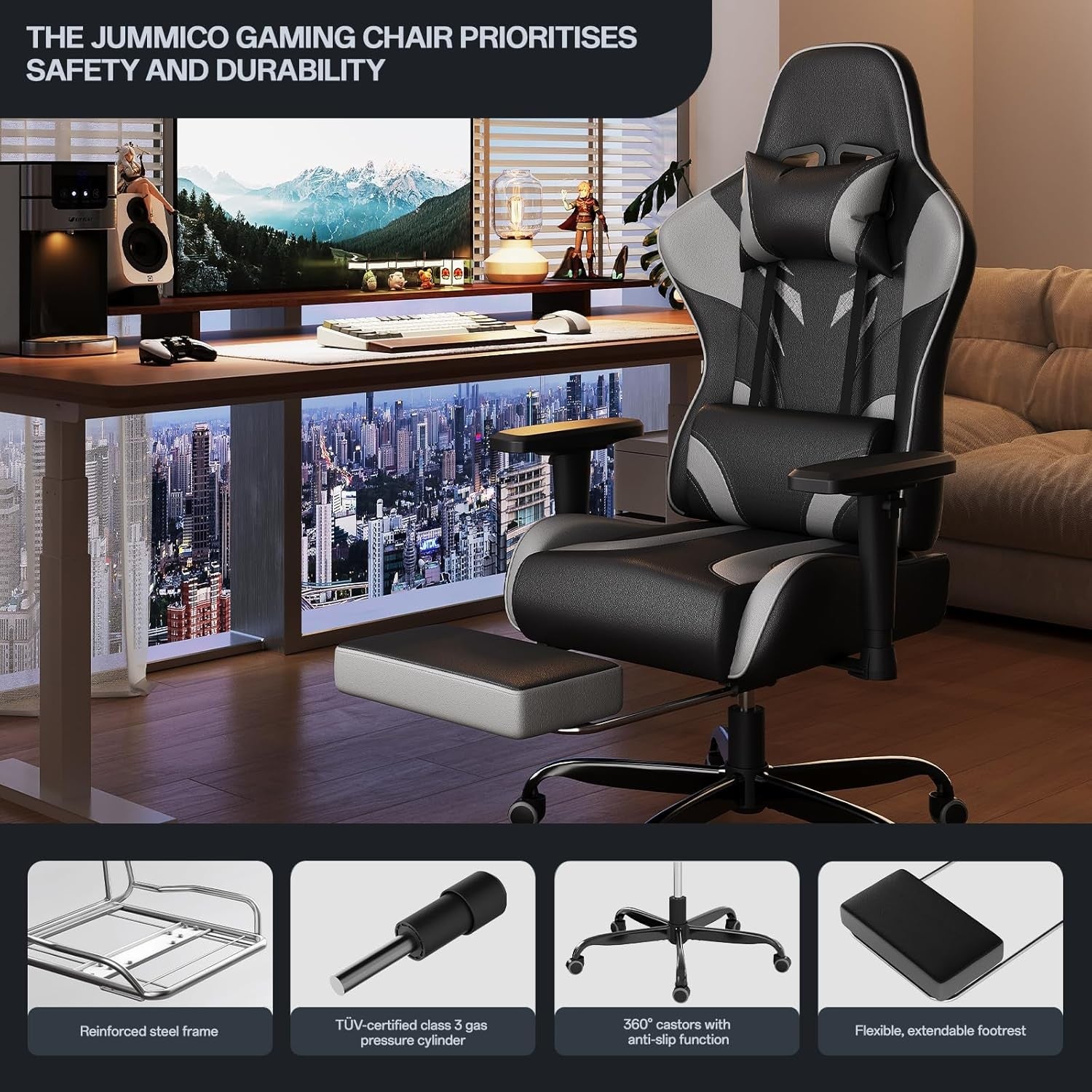 Ergonomic Gaming Chair w/ Footrest 2D Armrests PU Leather Grey
