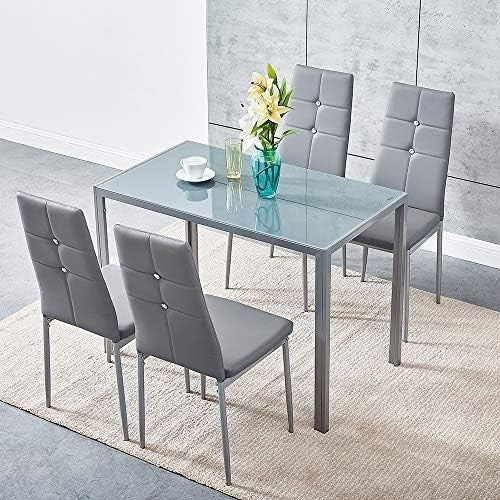 Modern Grey Glass 120x80cm Dining Table Set with 4 Faux Leather Chairs