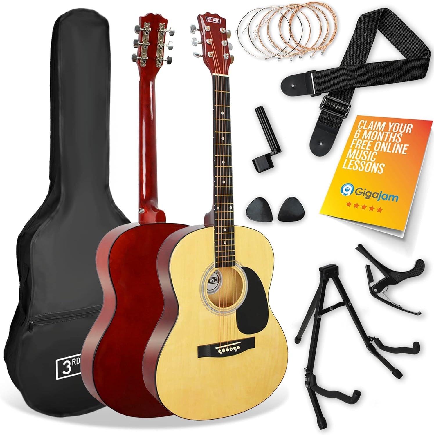 Full Size 4/4 Acoustic Guitar Starter Pack Natural w/ Bag Stand