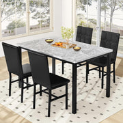 Faux Marble Dining Table & 4 Black PU Leather Chairs Set for Small Rooms