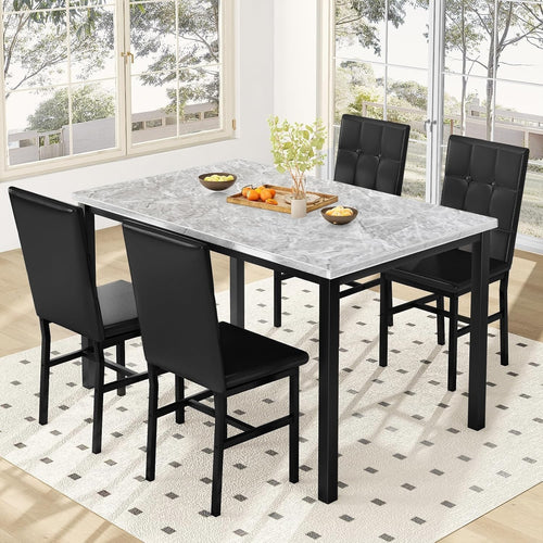 Faux Marble Dining Table & 4 Black PU Leather Chairs Set for Small Rooms